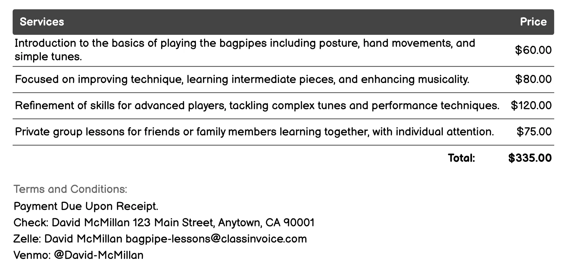 Private Bagpipe Lessons Invoice Example