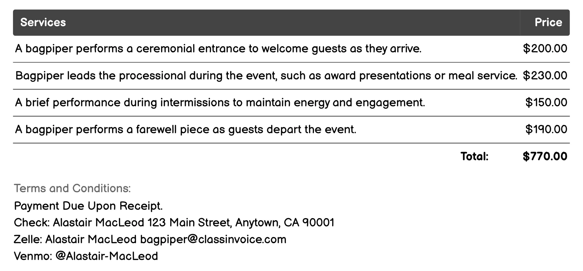 Corporate Events Invoice Example