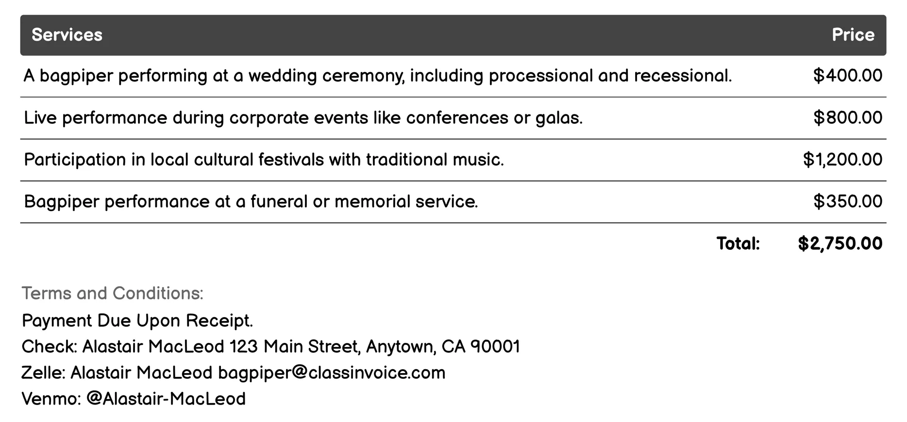Cultural Performances Invoice Example