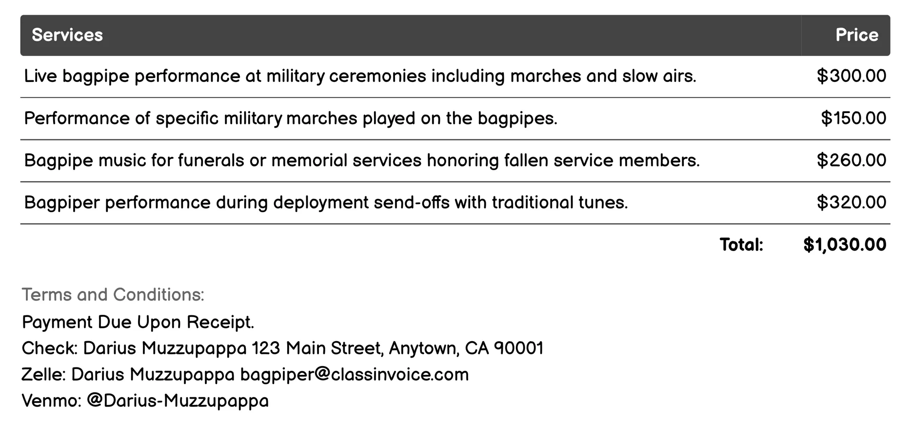 Military Ceremonies Invoice Example