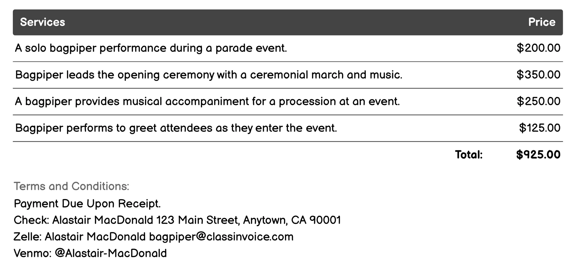 Parades and Festivals Invoice Example