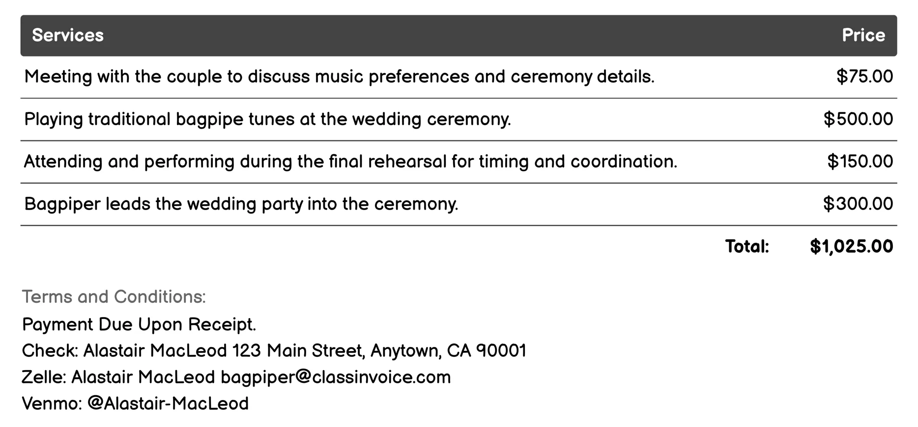 Wedding Ceremonies Invoice Example