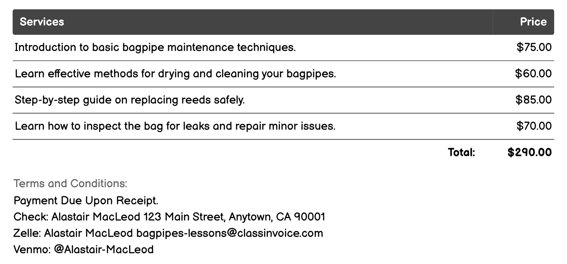 Bagpipe Maintenance Classes Invoice Example