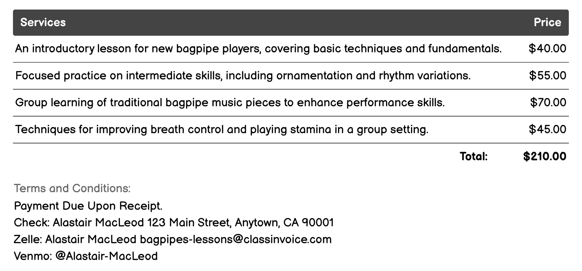 Group Bagpipe Lessons Invoice Example