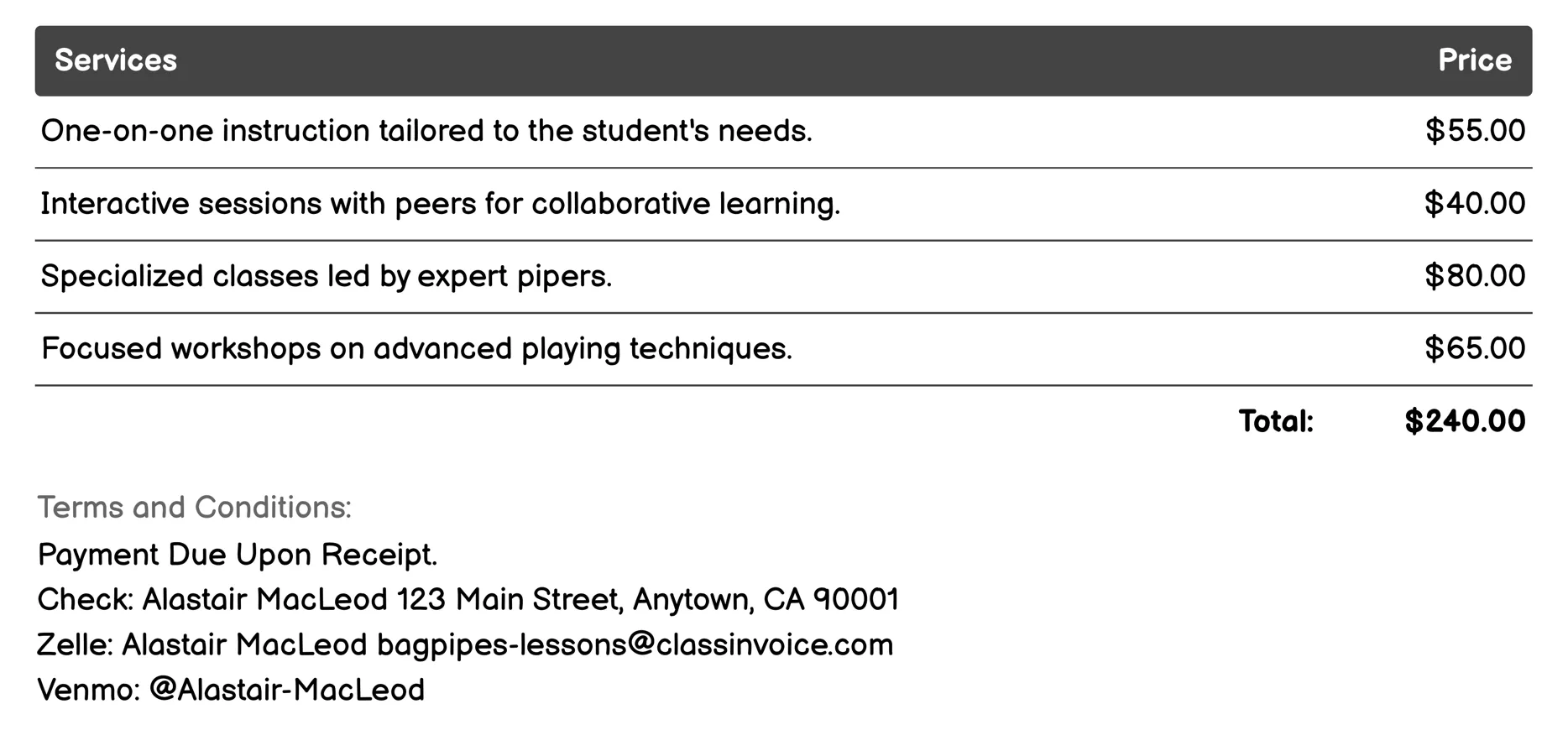 Intermediate Bagpipe Lessons Invoice Example