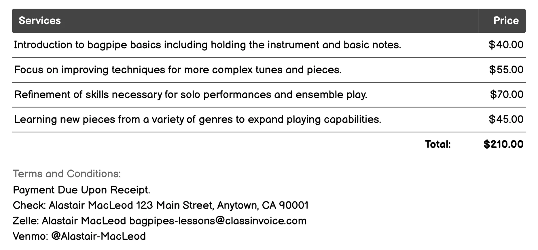 Private Bagpipe Lessons Invoice Example