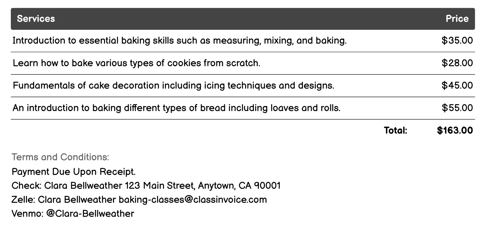Beginner Baking Invoice Example