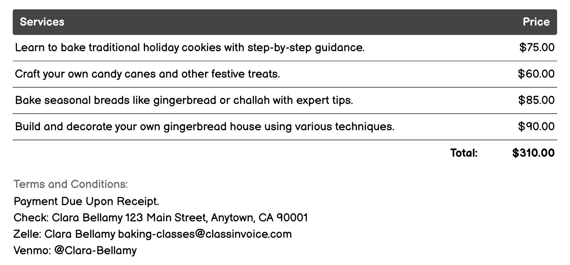 Holiday Baking Invoice Example
