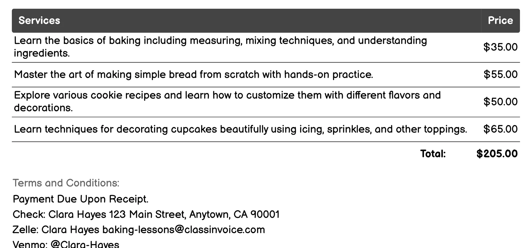 Beginner Baking Invoice Example