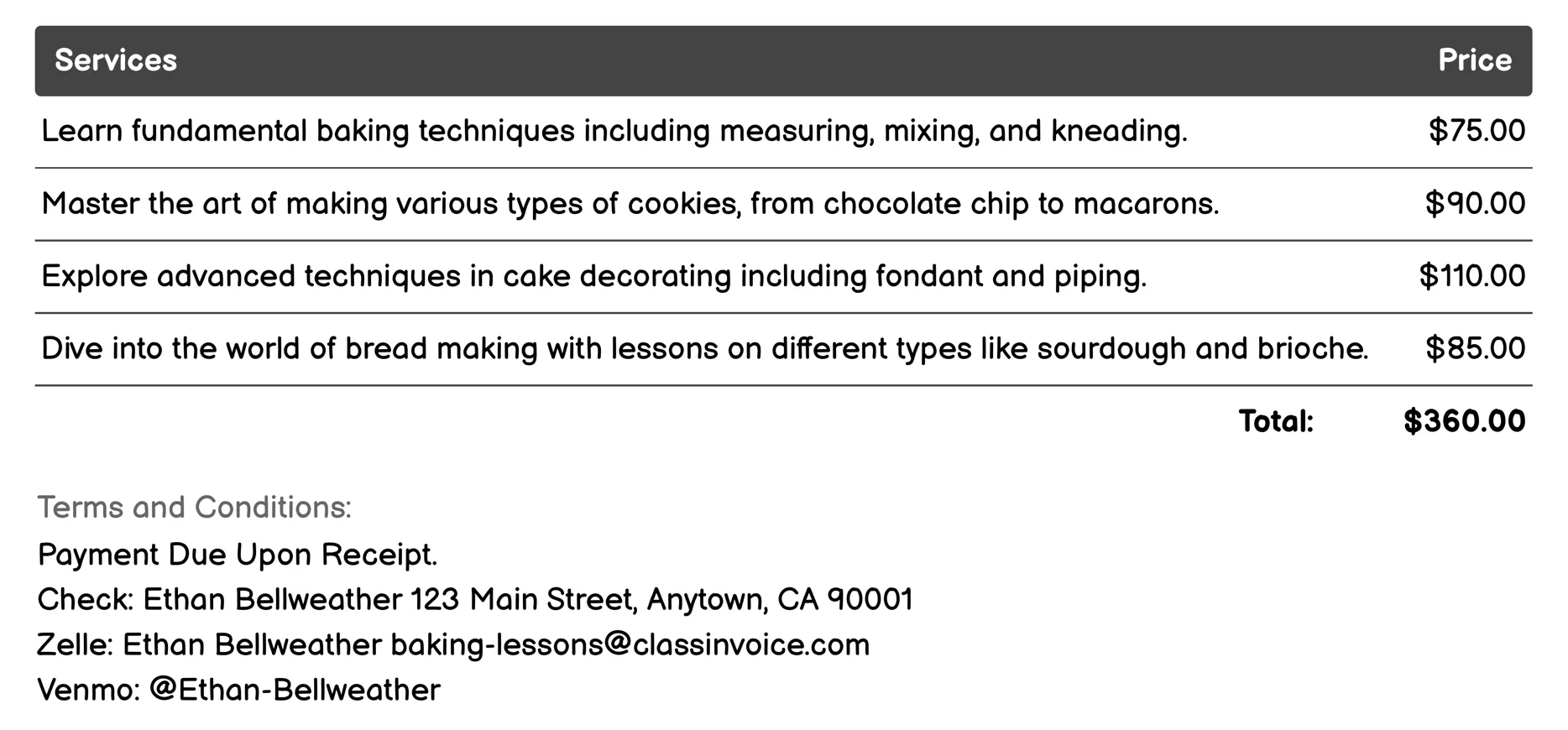 Pastry Chef Training Invoice Example