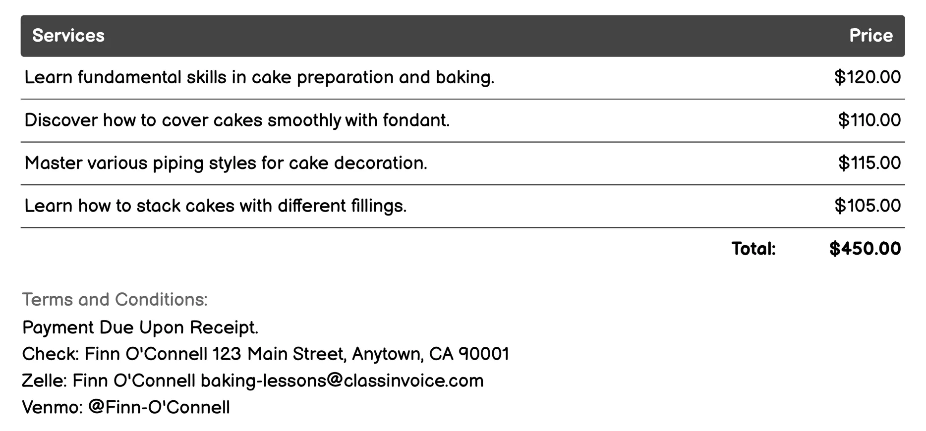 Wedding Cake Workshop Invoice Example
