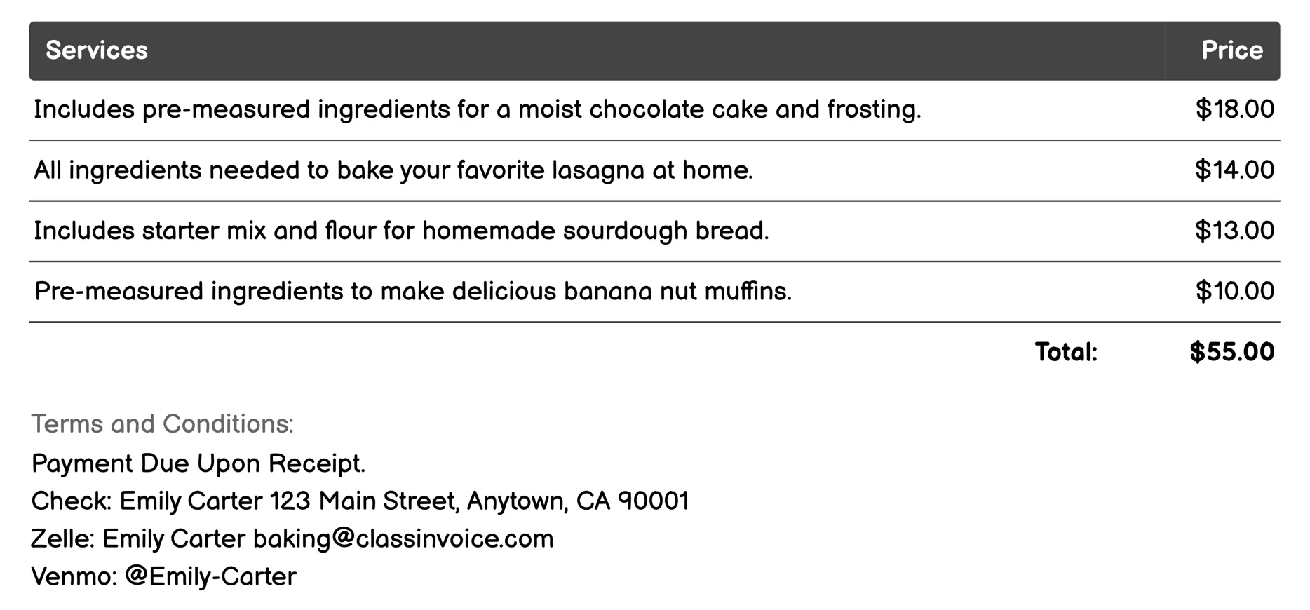 Bake-at-Home Kits Invoice Example