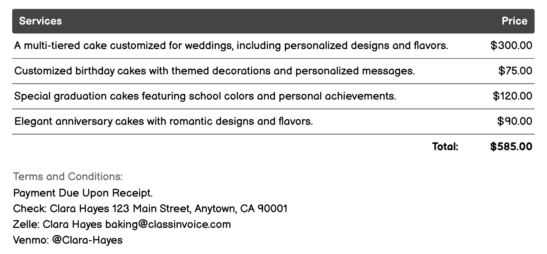 Custom Cake Design Invoice Example