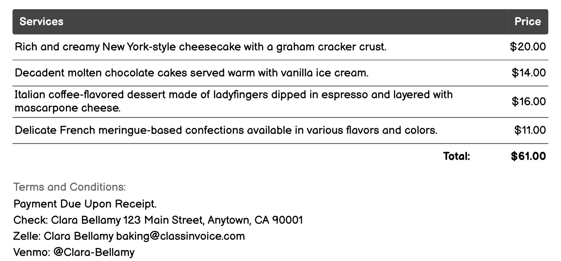 Dessert Catering Invoice Example