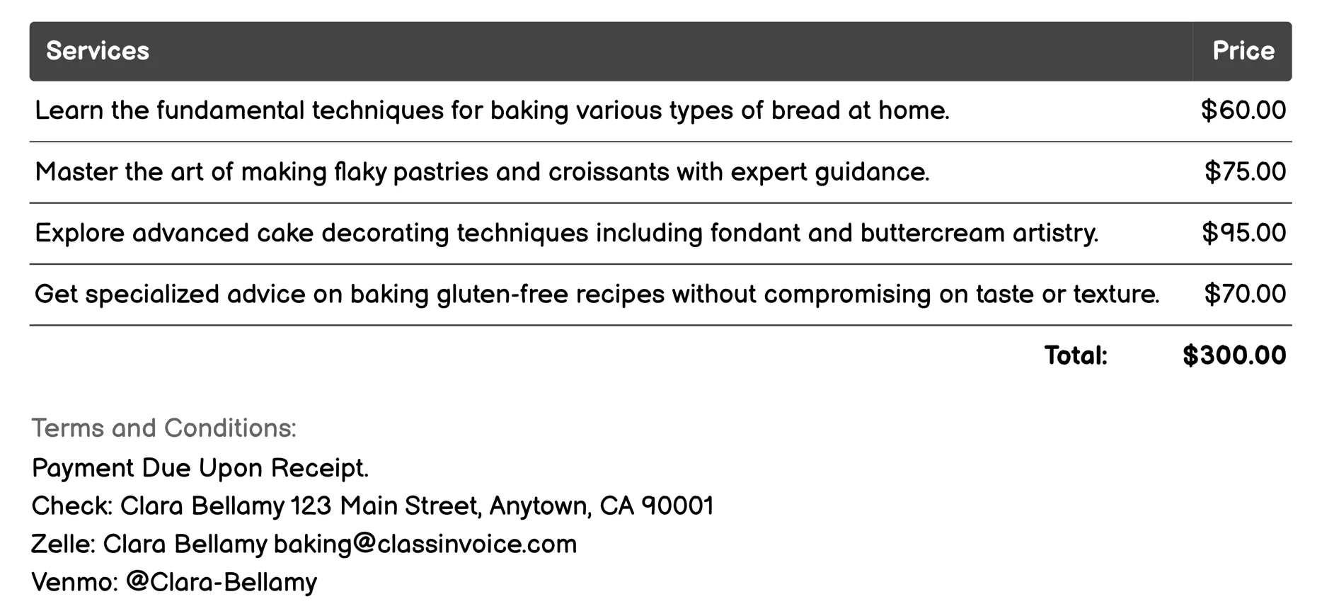 Online Baking Consultation Invoice Example