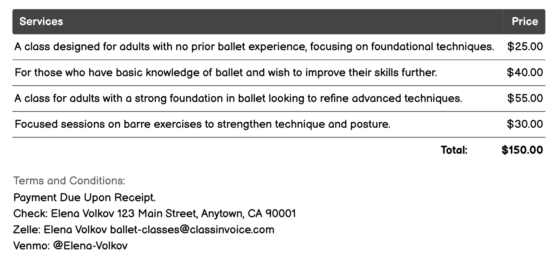 Adult Ballet Classes Invoice Example