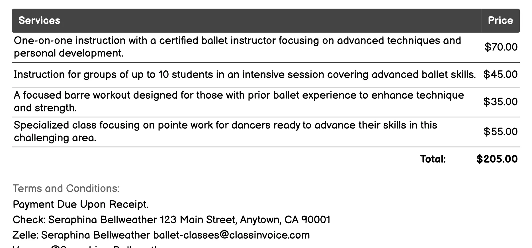 Advanced Ballet Invoice Example