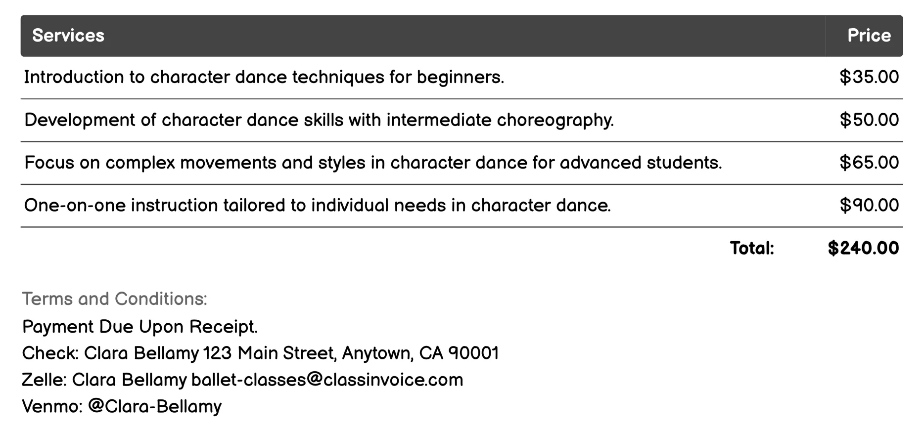 Character Dance Classes Invoice Example