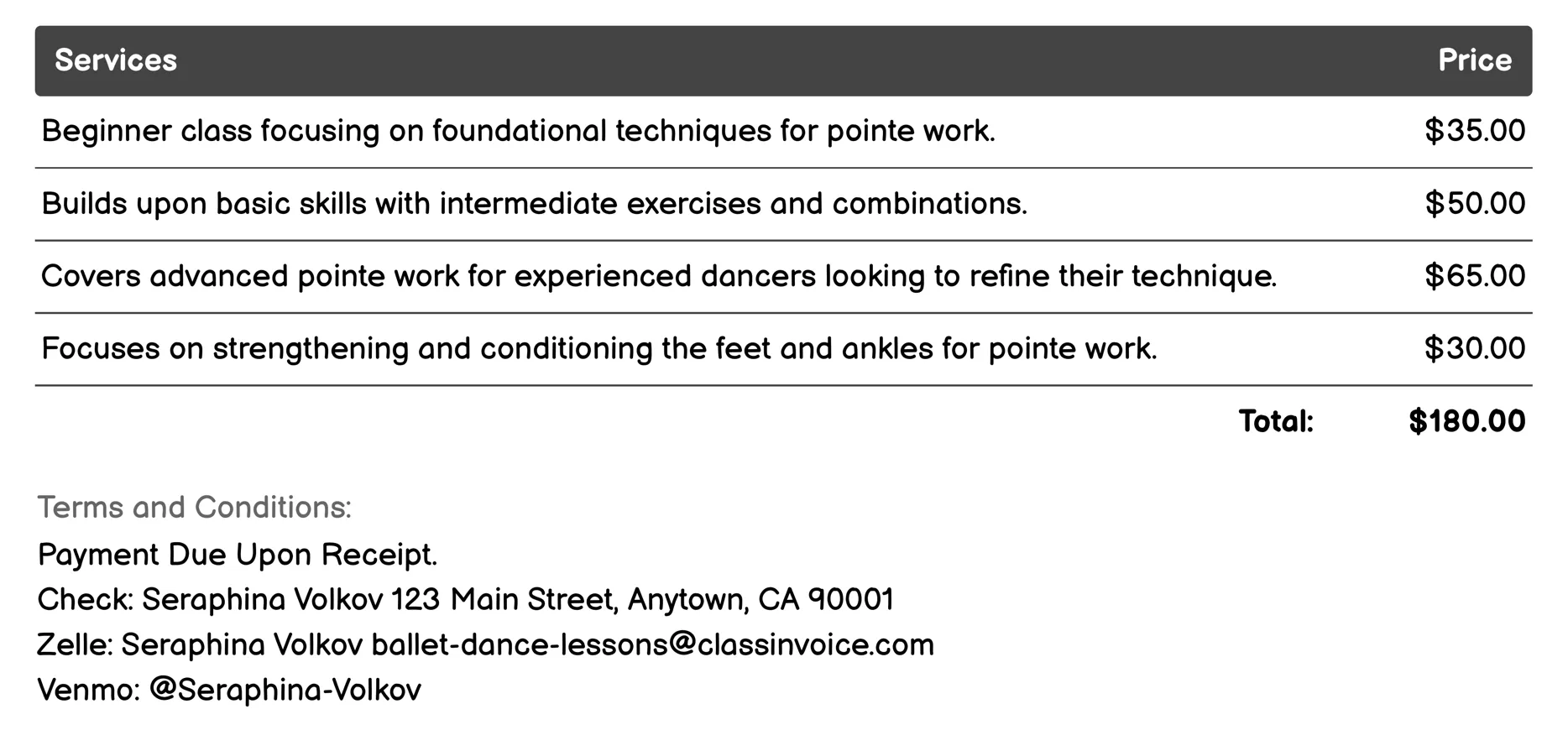 Pointe Classes Invoice Example