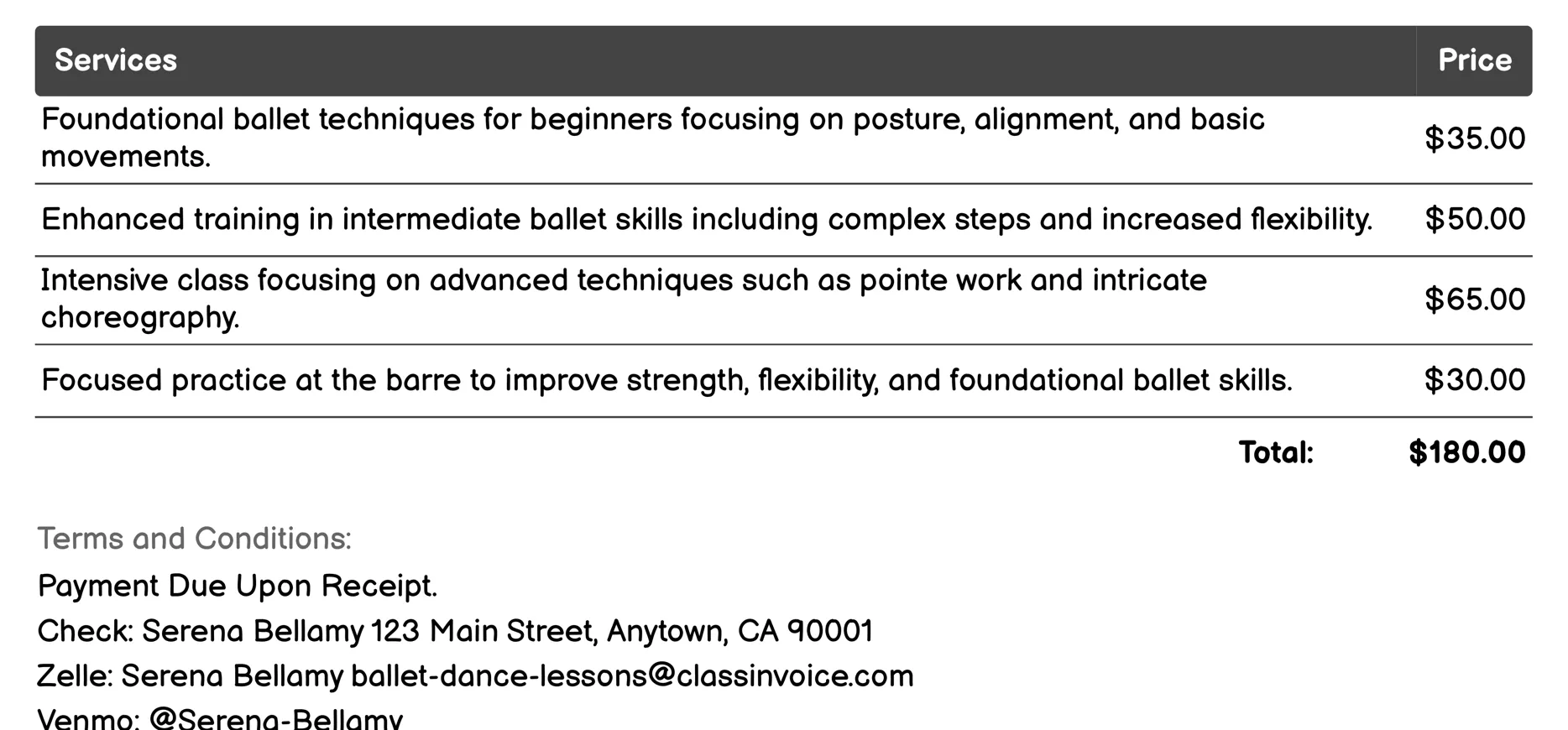 Private Lessons Invoice Example