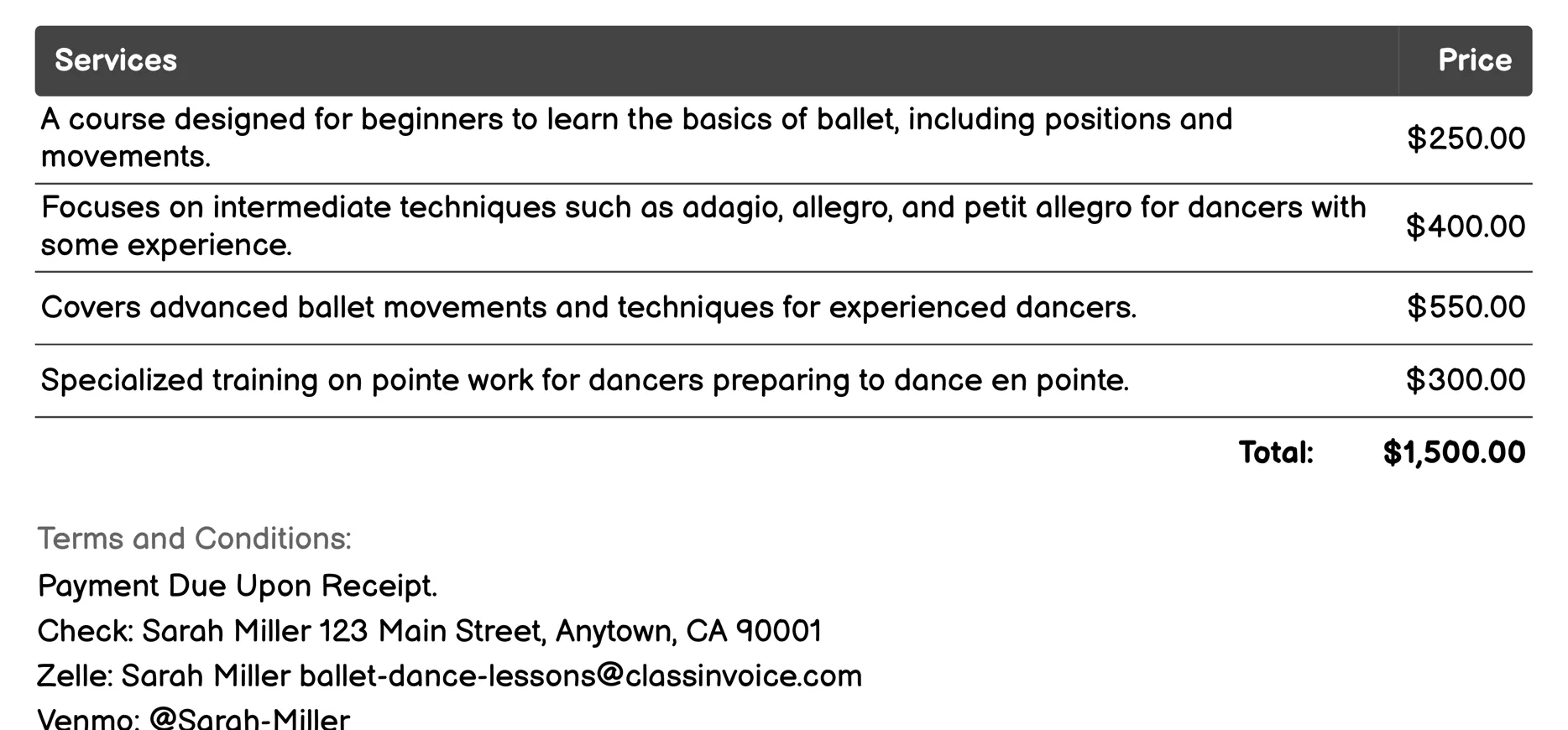 Summer Intensives Invoice Example