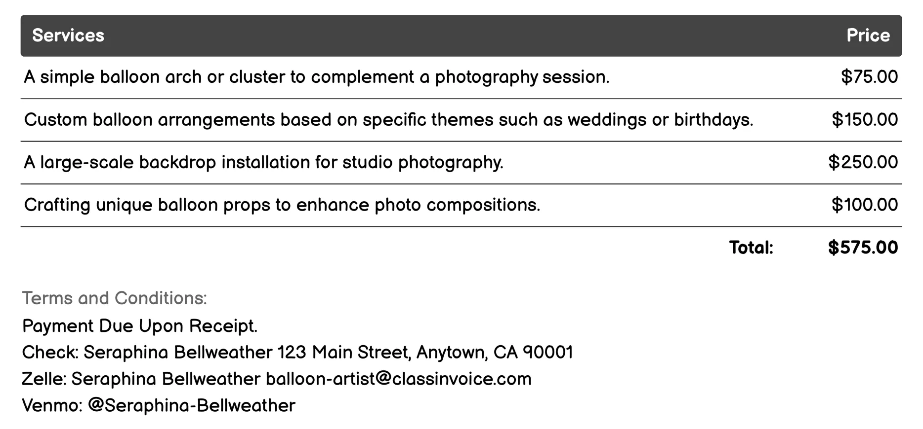 Photography Backdrops Invoice Example