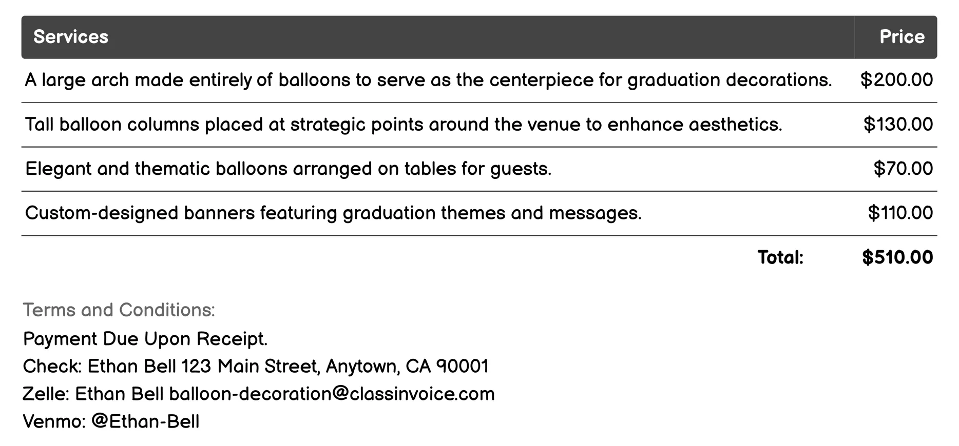 Graduation Balloon Decorations Invoice Example