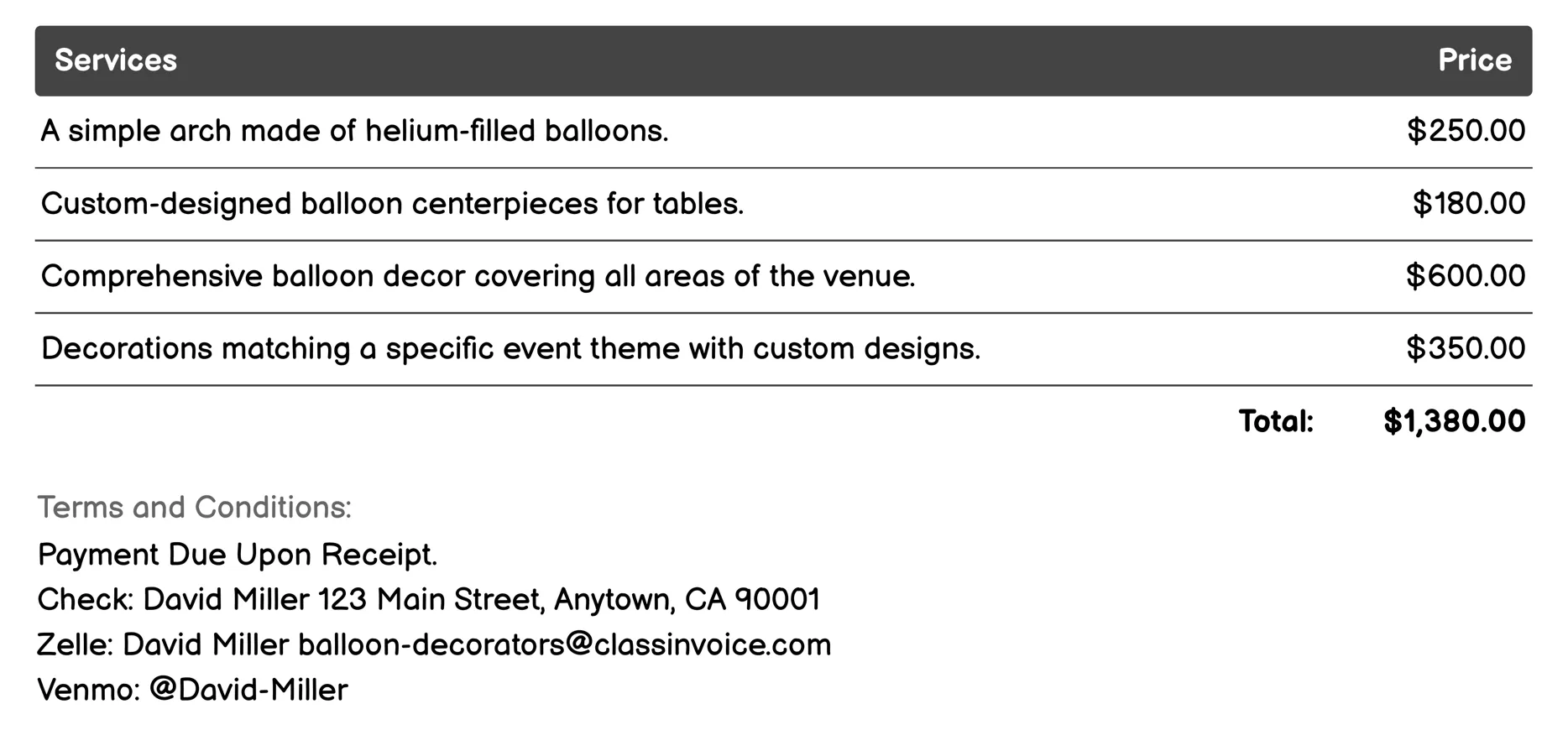 Corporate Events Invoice Example