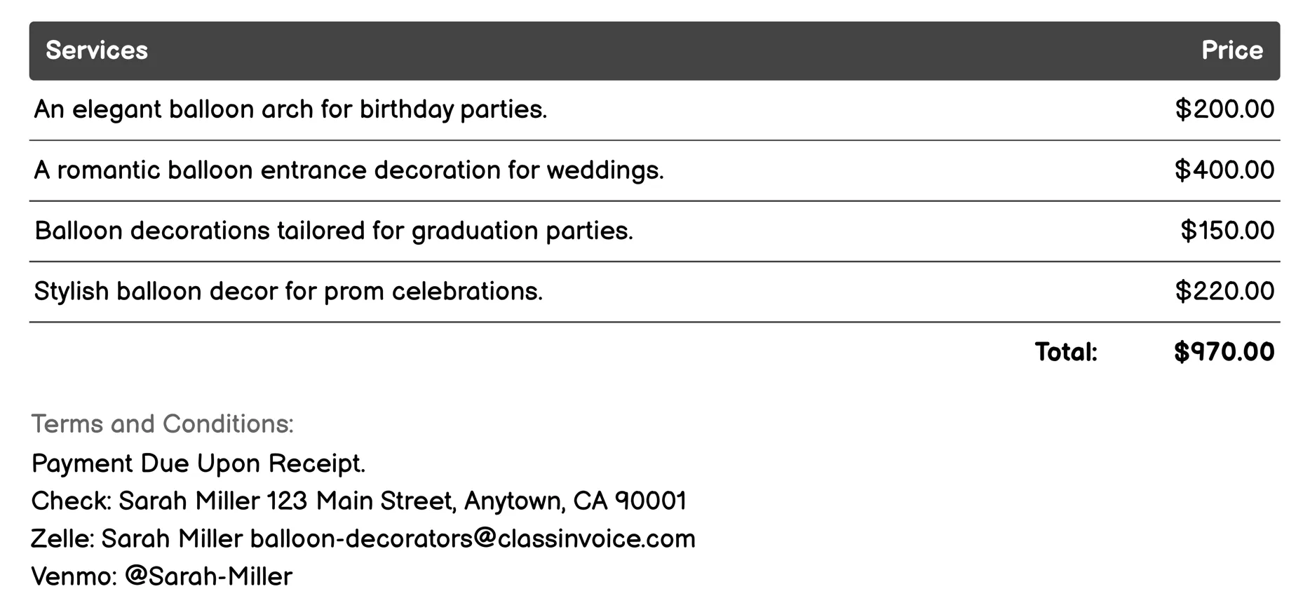 Milestone Celebrations Invoice Example