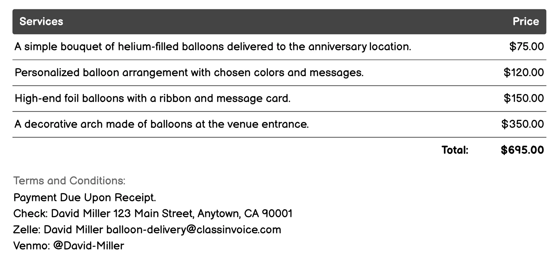 Anniversary Balloon Bouquet Invoice Example