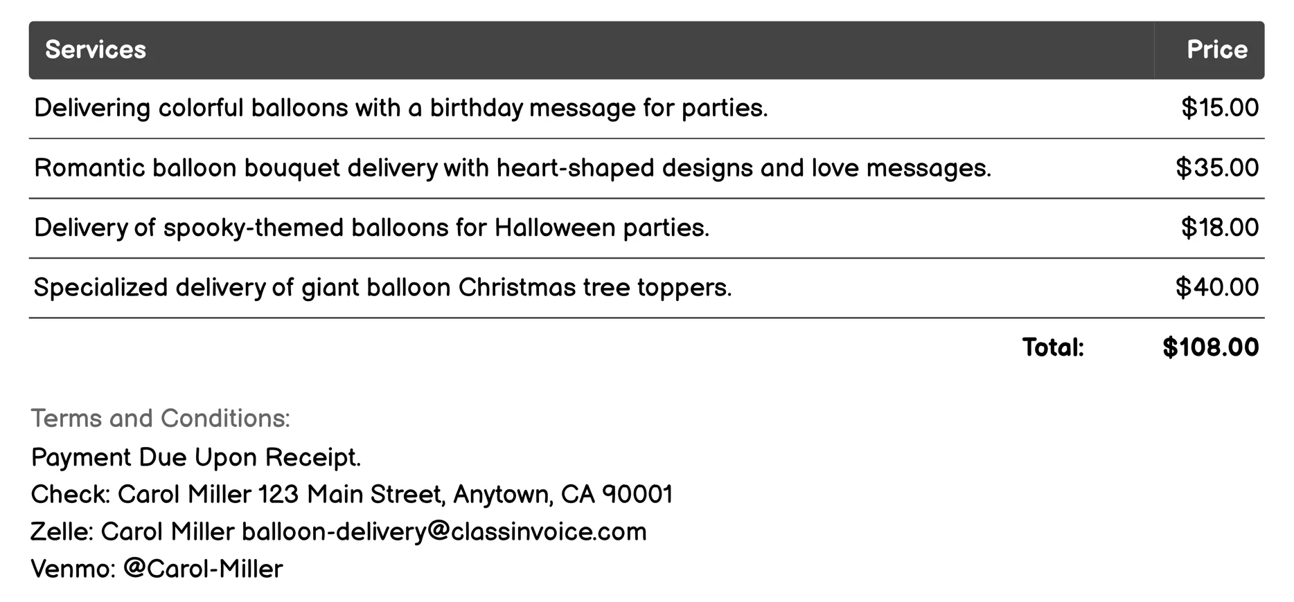 Holiday-Themed Balloon Delivery Invoice Example
