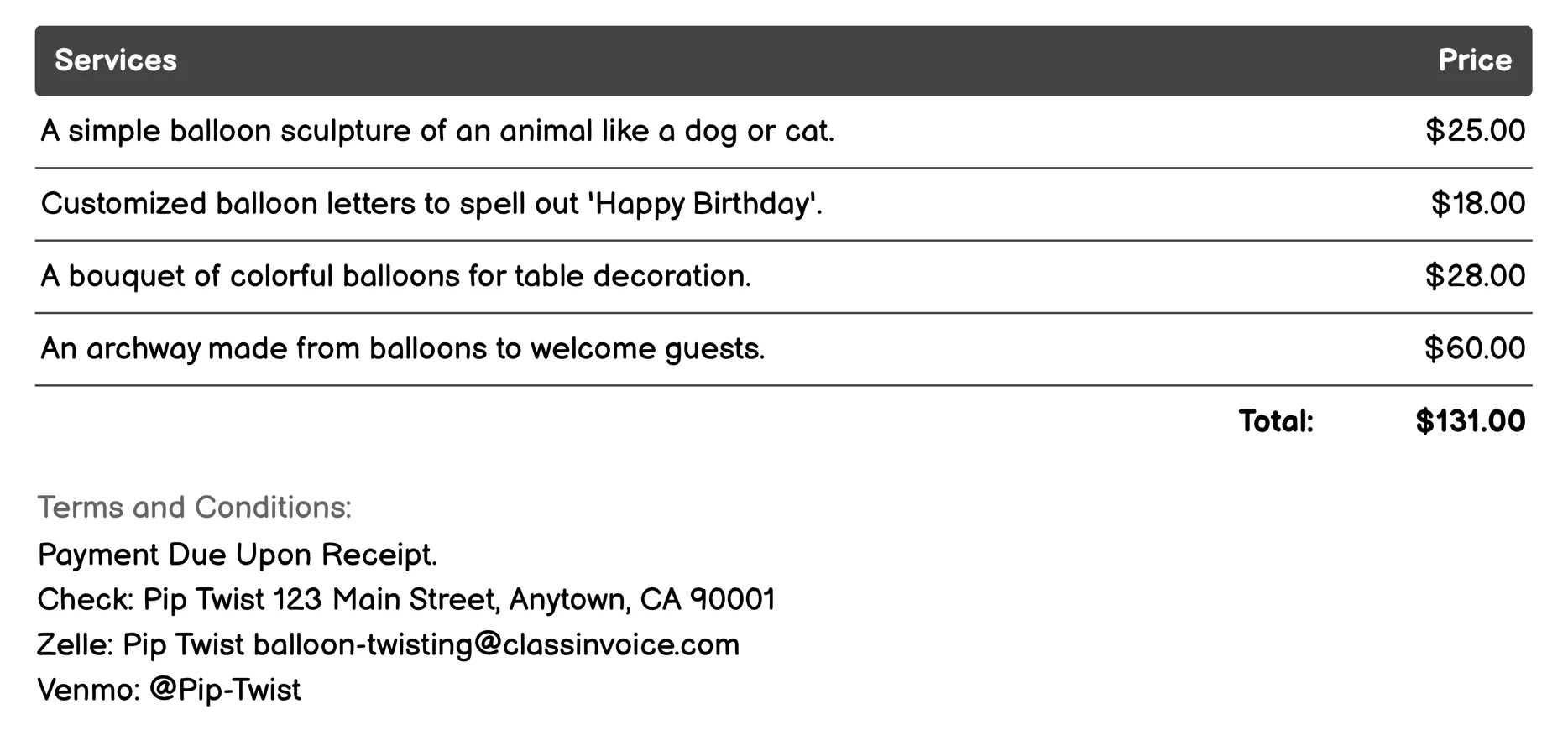 Birthday Balloon Sculptures Invoice Example