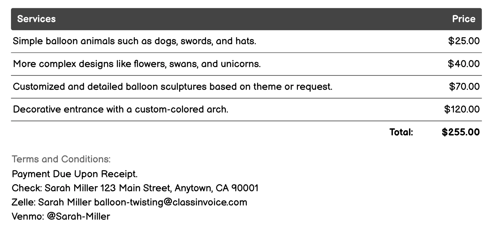 Birthday Party Packages Invoice Example