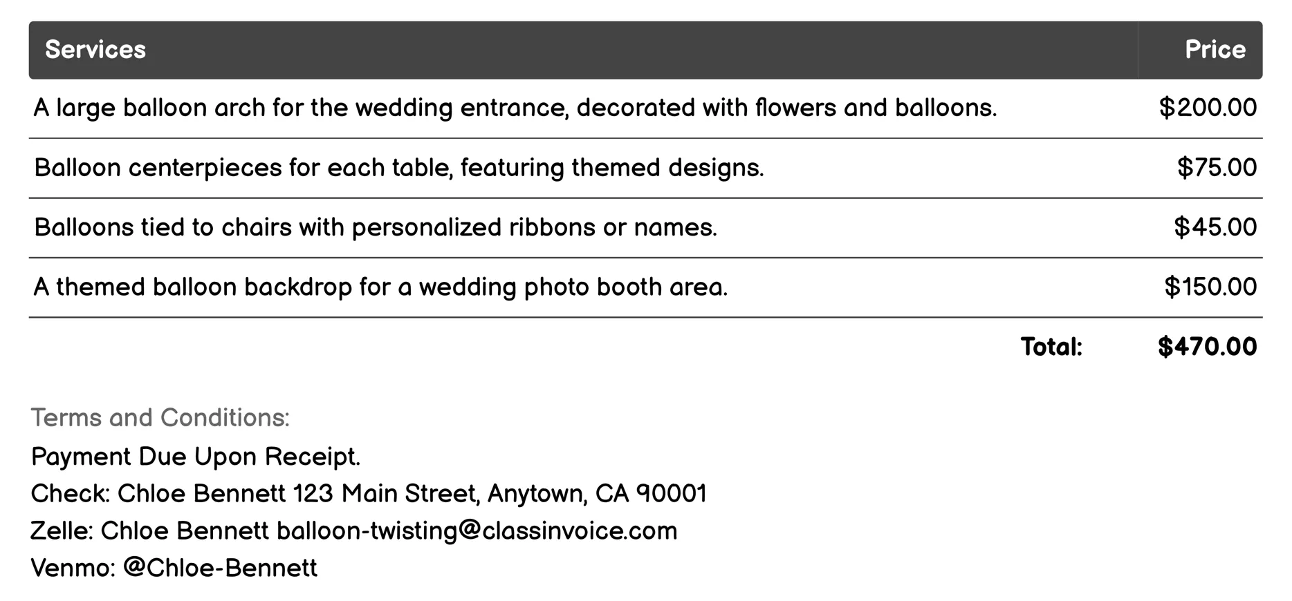 Wedding Balloon Decorations Invoice Example