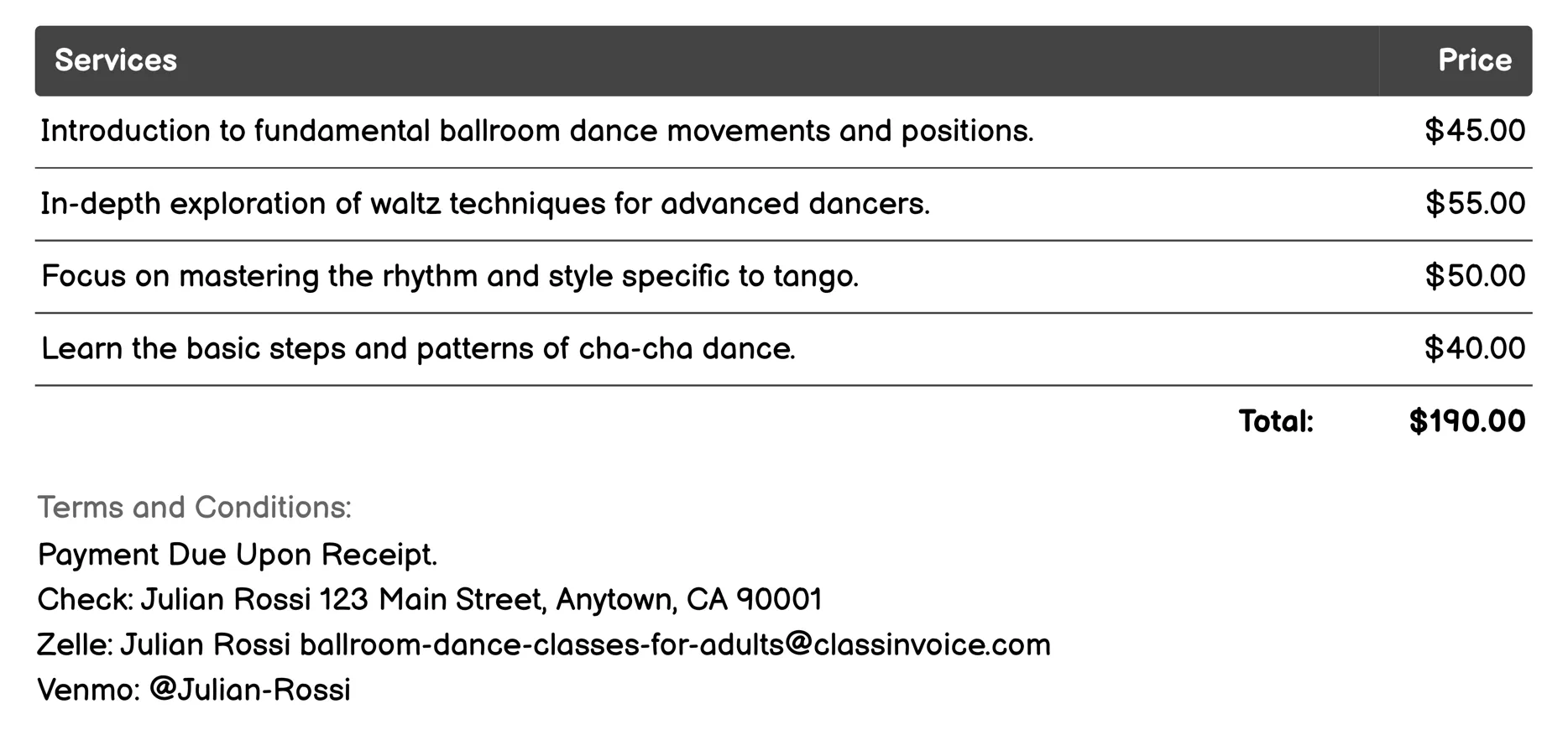 Dance Workshops Invoice Example