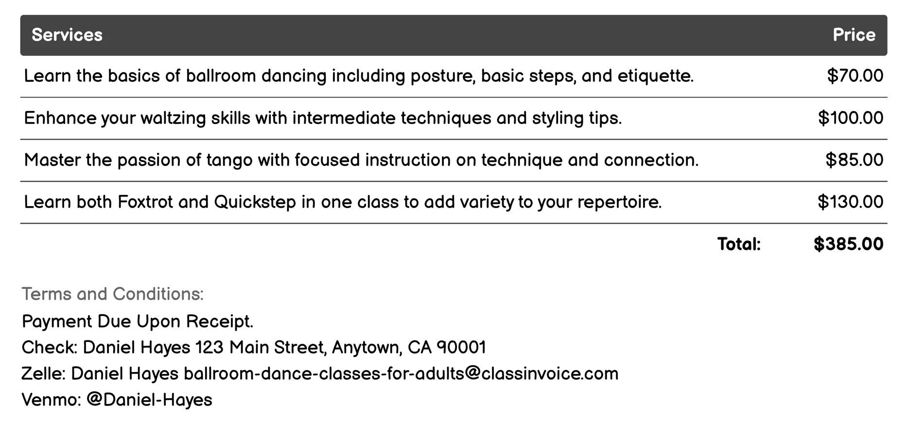 Performance Classes Invoice Example