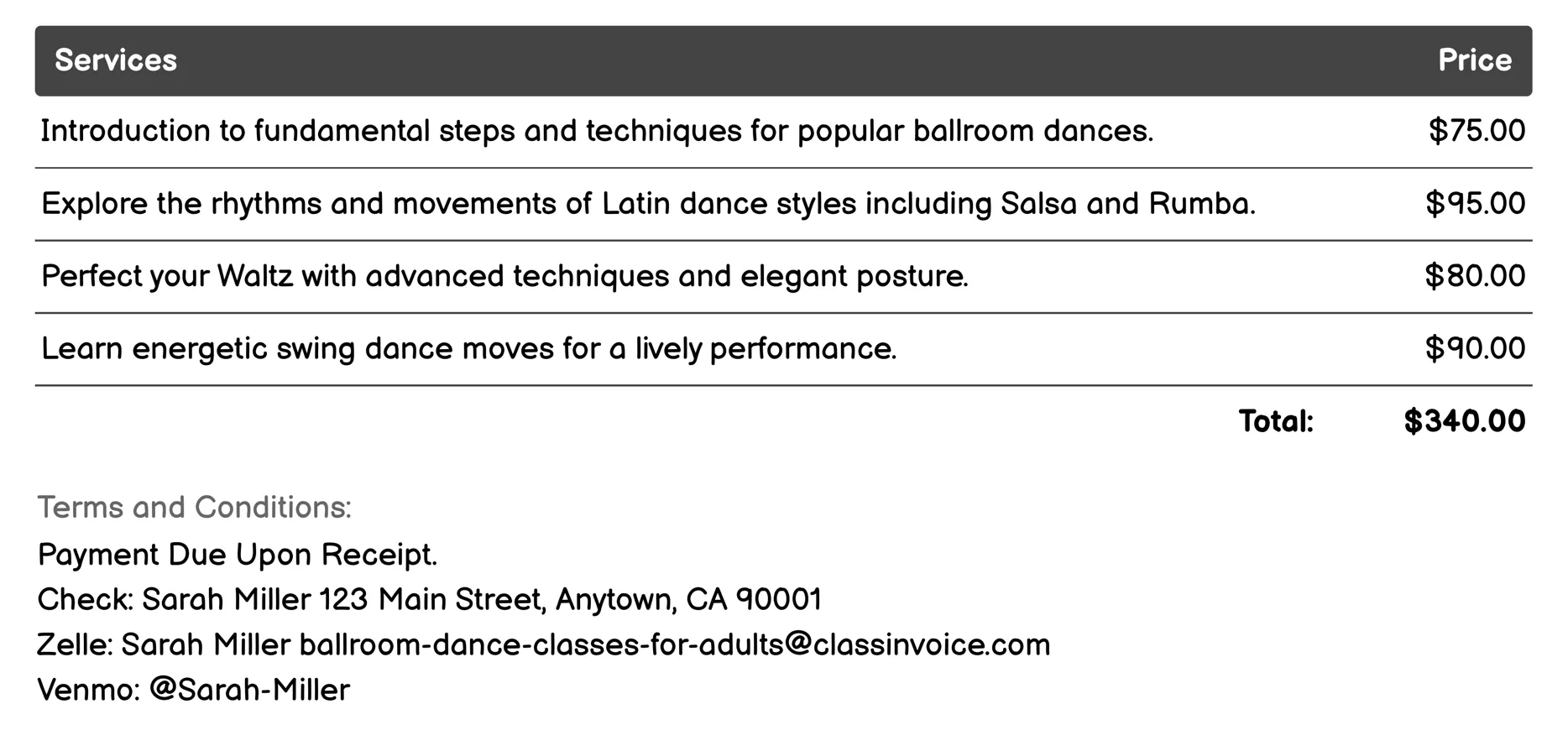 Private Lessons Invoice Example