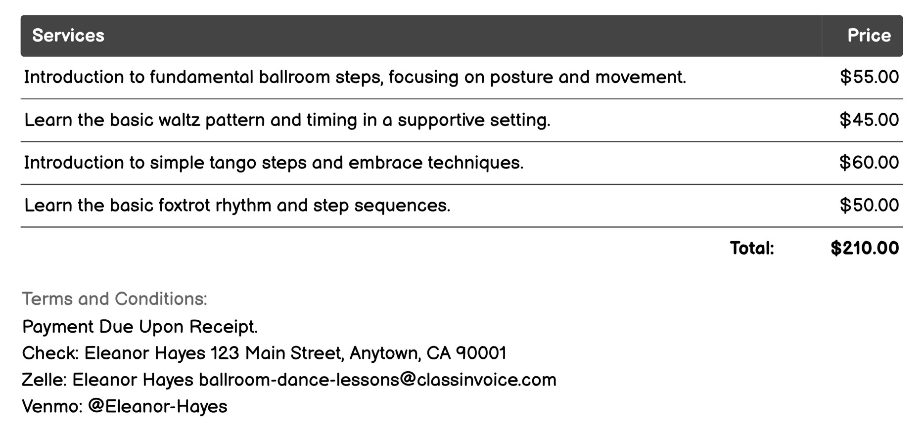 Beginner Ballroom Invoice Example