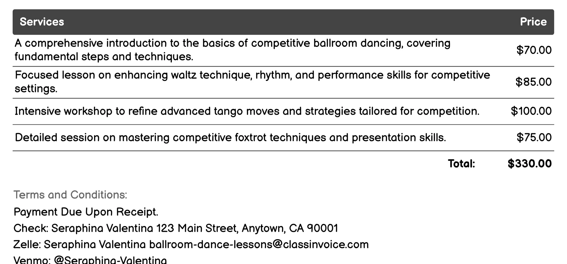 Competitive Ballroom Invoice Example