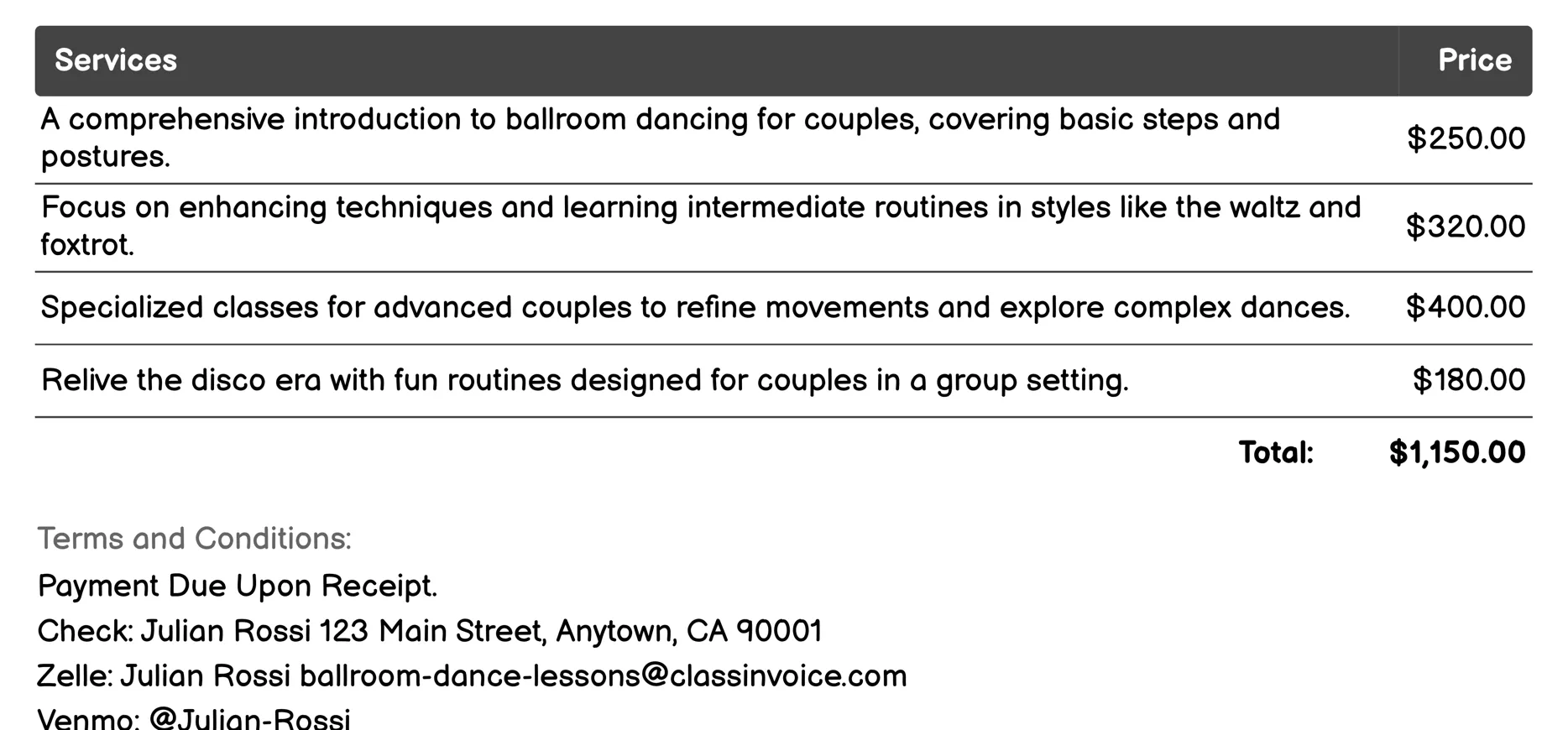 Dance Couples Classes Invoice Example