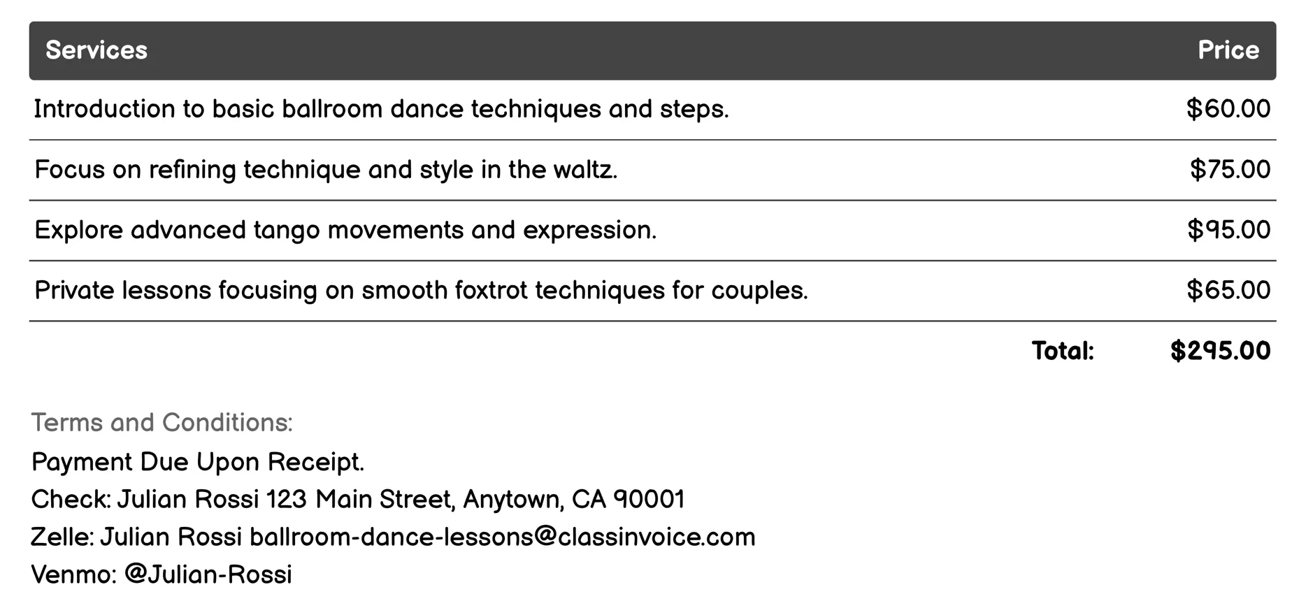 Private Lessons Invoice Example