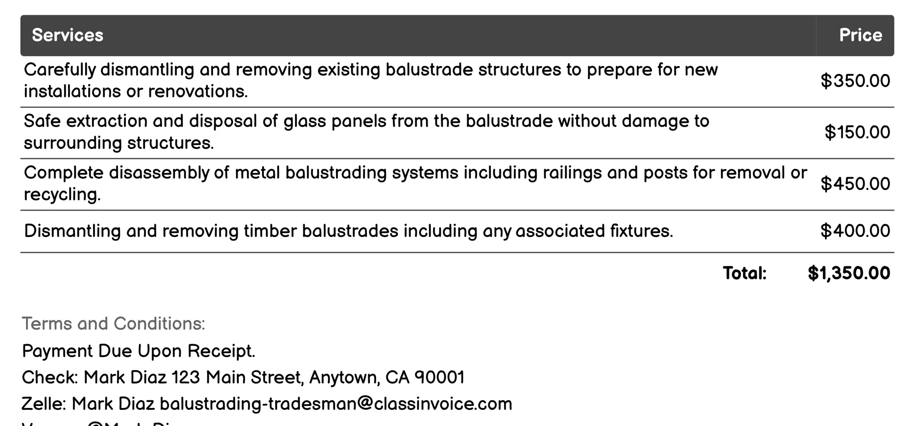 Removal Services Invoice Example