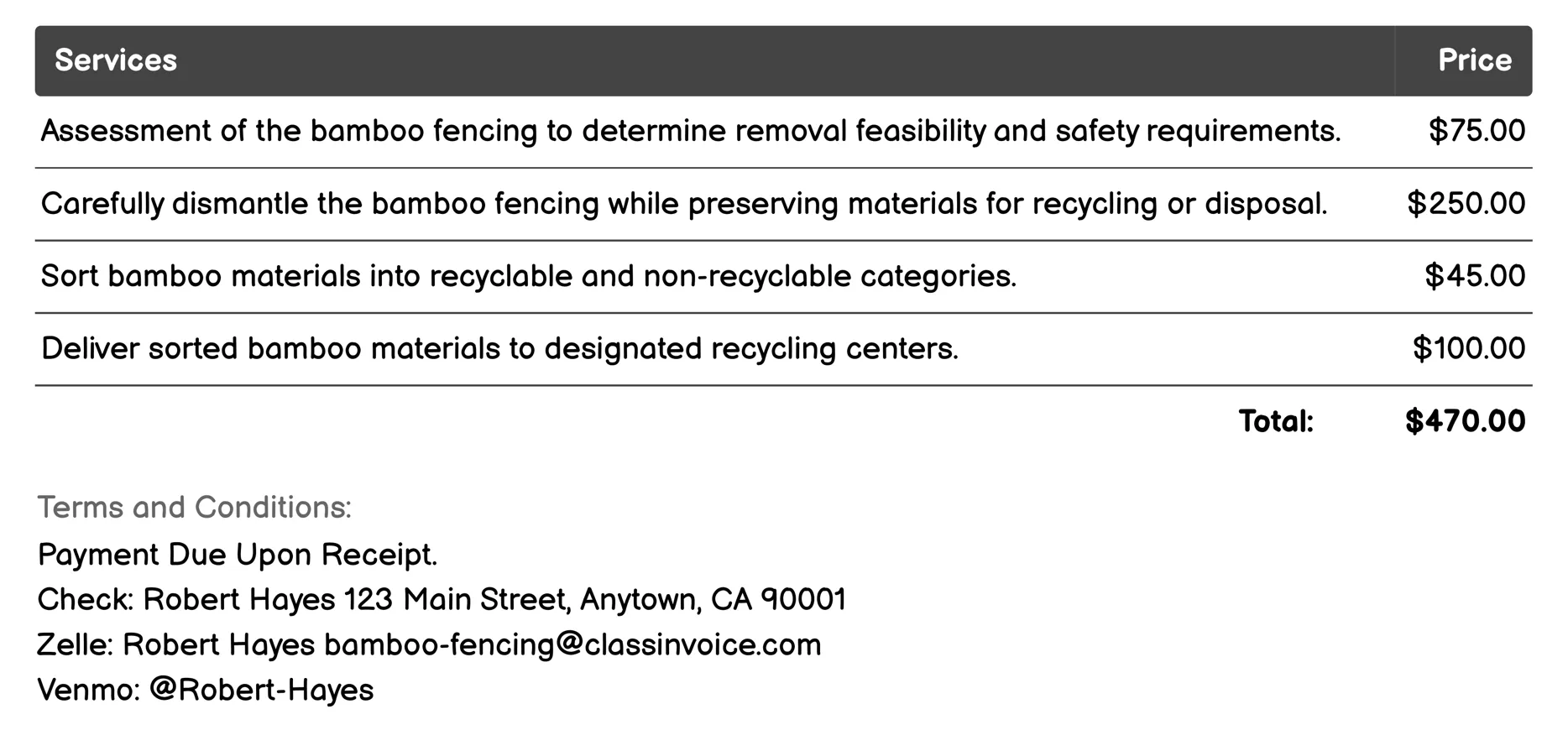 Removal and Disposal Service Invoice Example