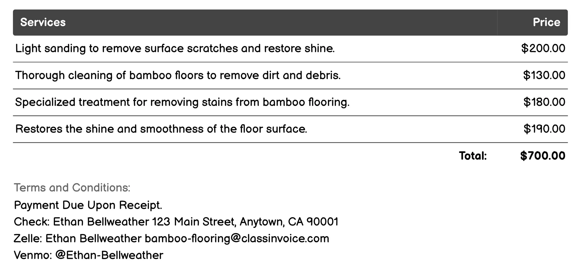 Refinishing Services Invoice Example