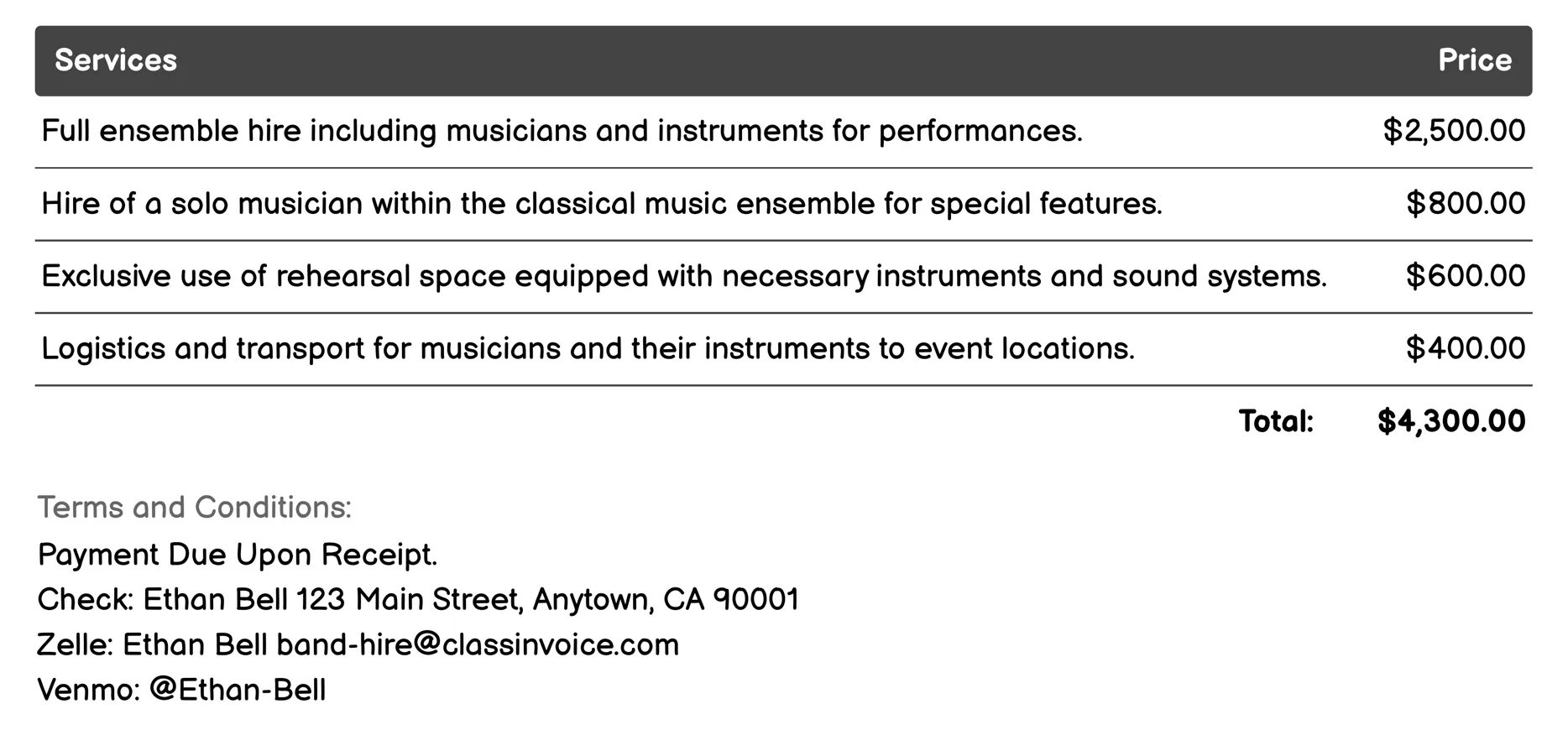 Classical Music Ensemble Invoice Example