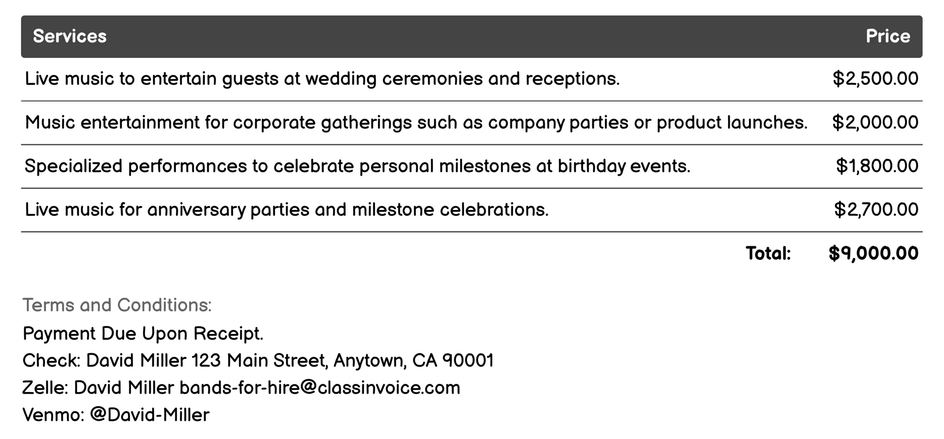 Special Events Invoice Example
