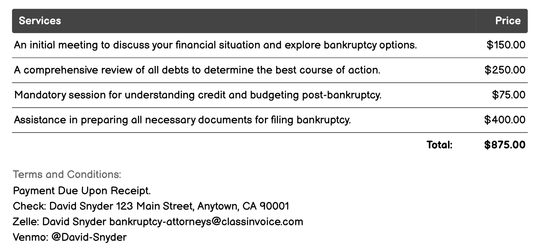 Bankruptcy Counseling Invoice Example