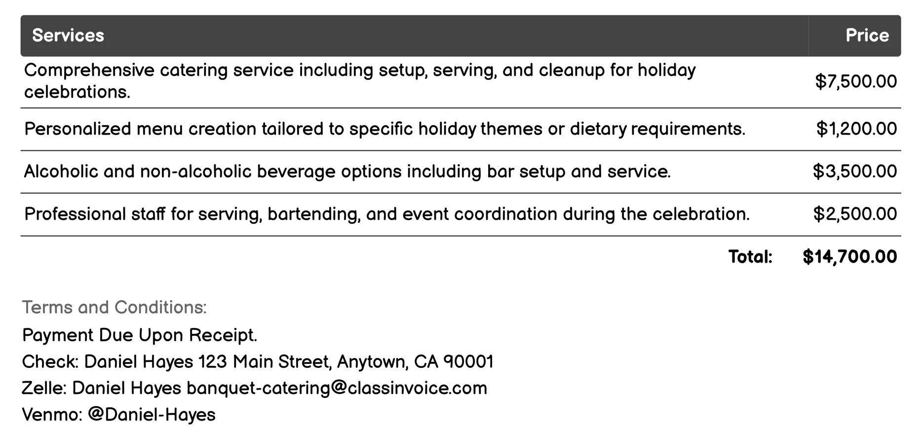 Holiday Celebrations Invoice Example