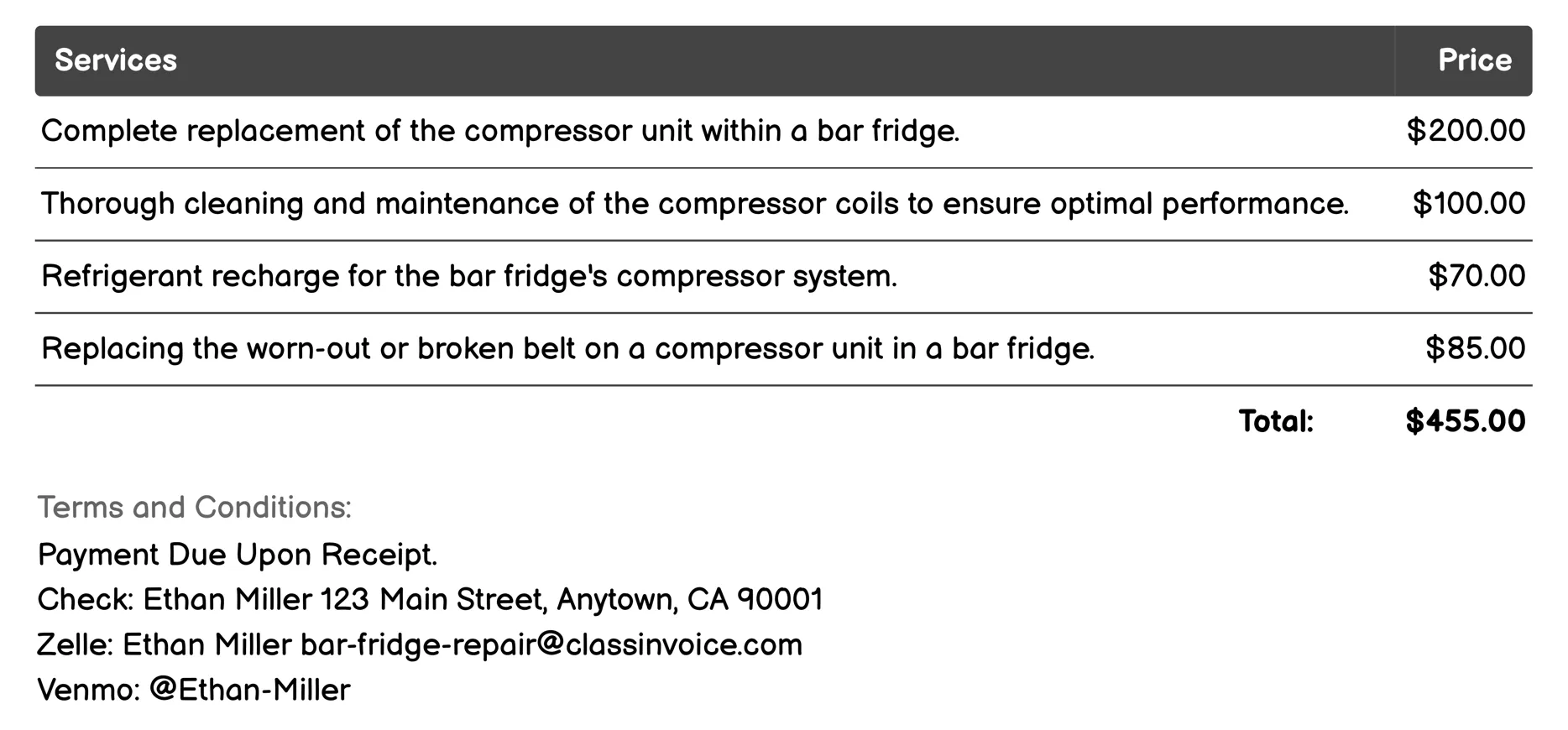 Compressor Repairs Invoice Example