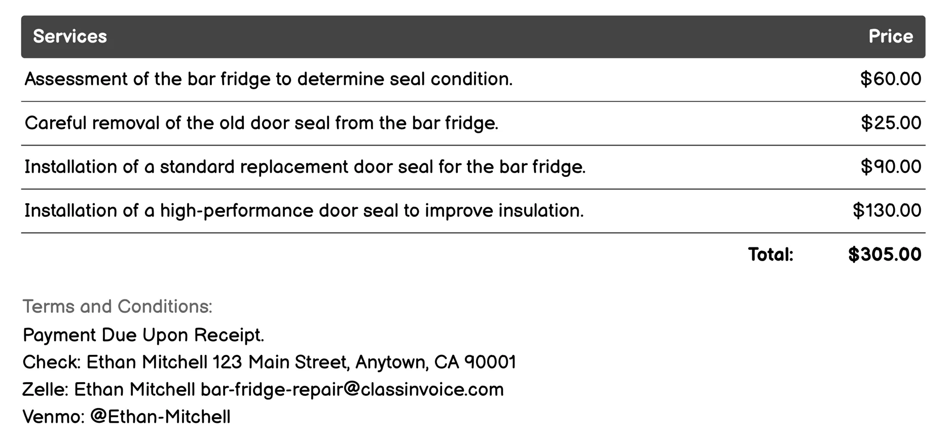 Door Seal Replacement Invoice Example